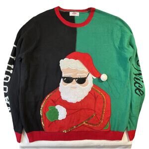 Holiday Time Men Sweater XL (46-48) Green Colorblock Santa Naughty Nice Juding